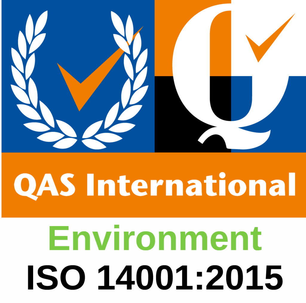 QAS International Environment ISO 14001:2015 certification logo.